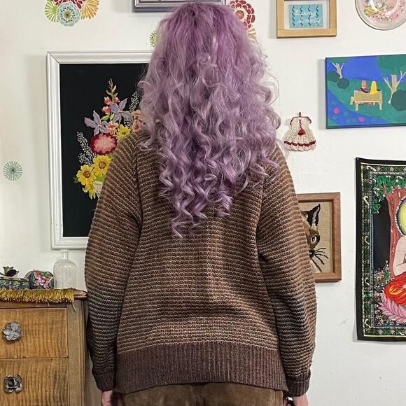 Vintage Grandpa Cardigan, 1970s Brown Tweed Deep V-Neck Button Front Sweater Lg - Picture 3 of 14